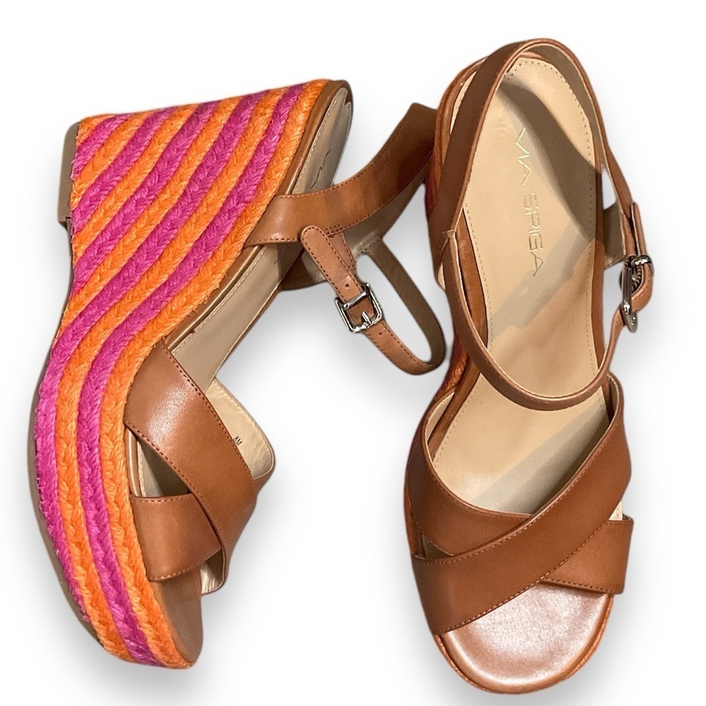 NIB Via Spiga Cinnamon Tan Leather Evelina Jute Wedge Open Toe Sandal Size 8